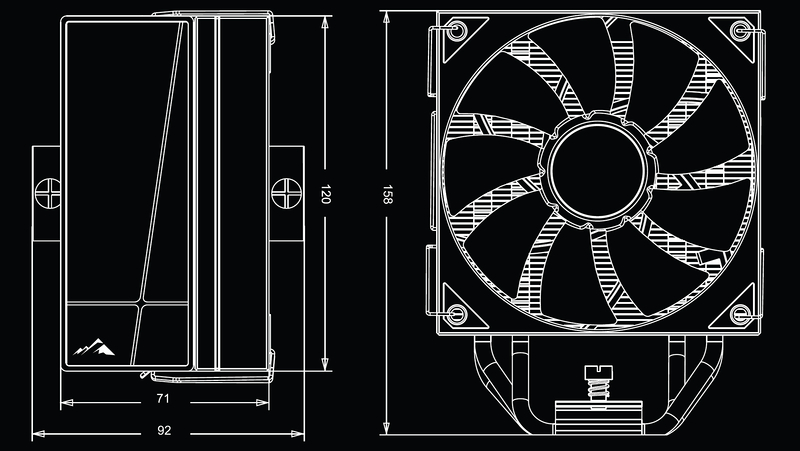 Das Bild zeigt eine technische Zeichnung eines Computer-Kühlers mit entsprechenden Abmessungen.