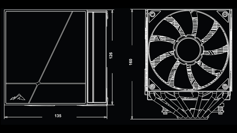 Das Bild zeigt technische Zeichnungen und Maße eines Computer-Kühlers.